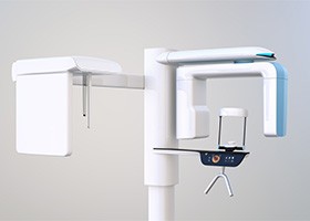 3 D C B C T Scanner standing against wall